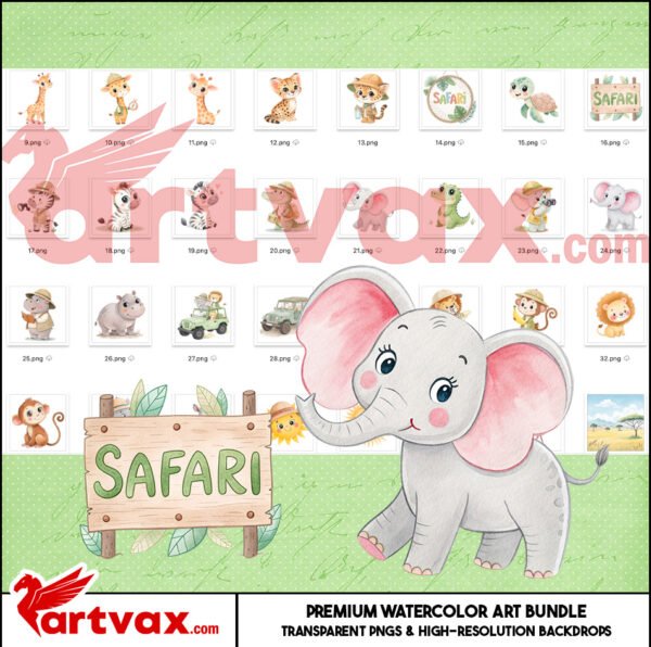 Cute Safari Animals Watercolor Clipart Bundle | Jungle Zoo Animals PNG | Safari Baby Shower Decor | Kids Jungle Party | Digital Download - Image 2