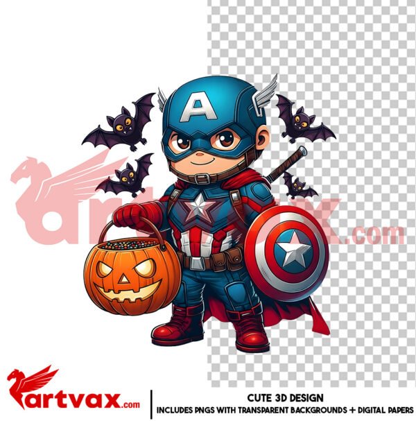 Captain America Halloween PNG | Cute Superhero Trick or Treat Clipart | Marvel Hero Digital Download | Transparent Background