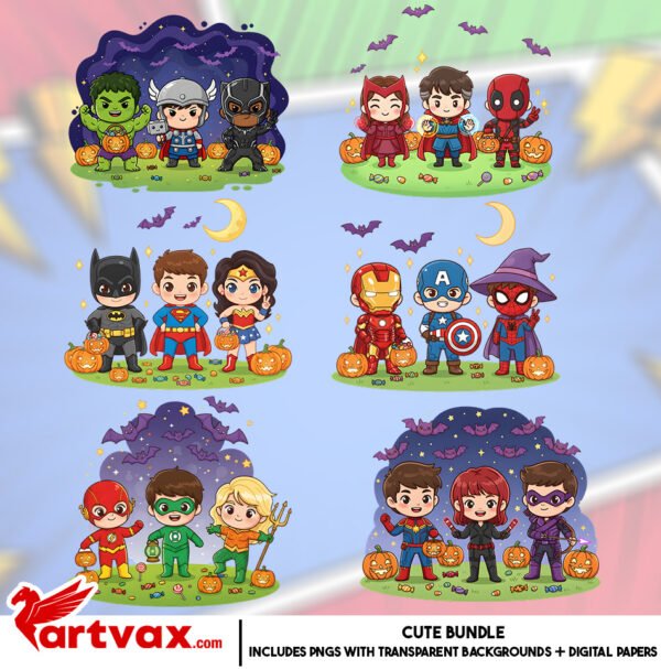 Cute Superhero Halloween PNG Bundle | Chibi Avengers & Justice League Clipart | Kids Party Decorations, Digital Download, Sublimation