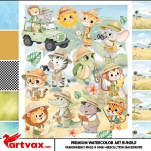 Cute Safari Animals Watercolor Clipart