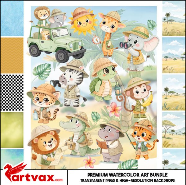 Cute Safari Animals Watercolor Clipart