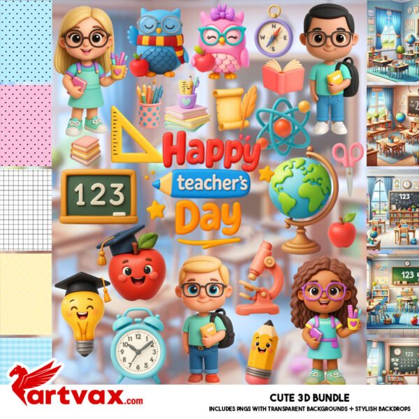 Happy Teacher’s Day Clipart Bundle | Cute 3D PNG Classroom Elements, Teacher Appreciation Digital Download, School Supplies & Backdrops