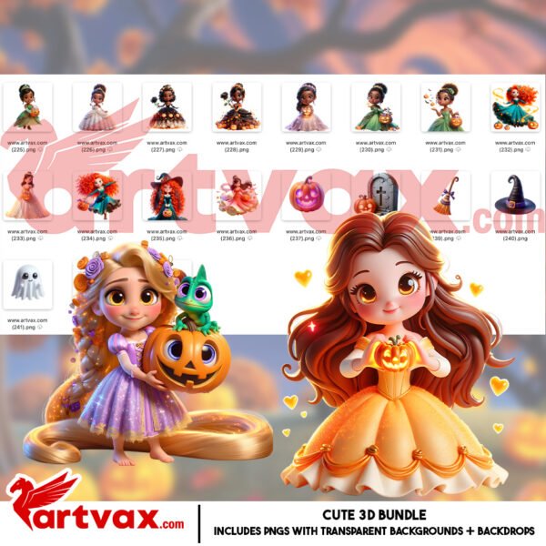 Disney Princess Halloween PNG Bundle | Cute 3D Princess Clipart | Disney Princess Costume PNGs for Sublimation, Shirts & Crafts - Image 2