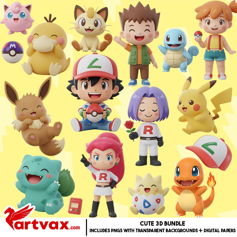Cute Pokémon 3D Characters PNG Bundle
