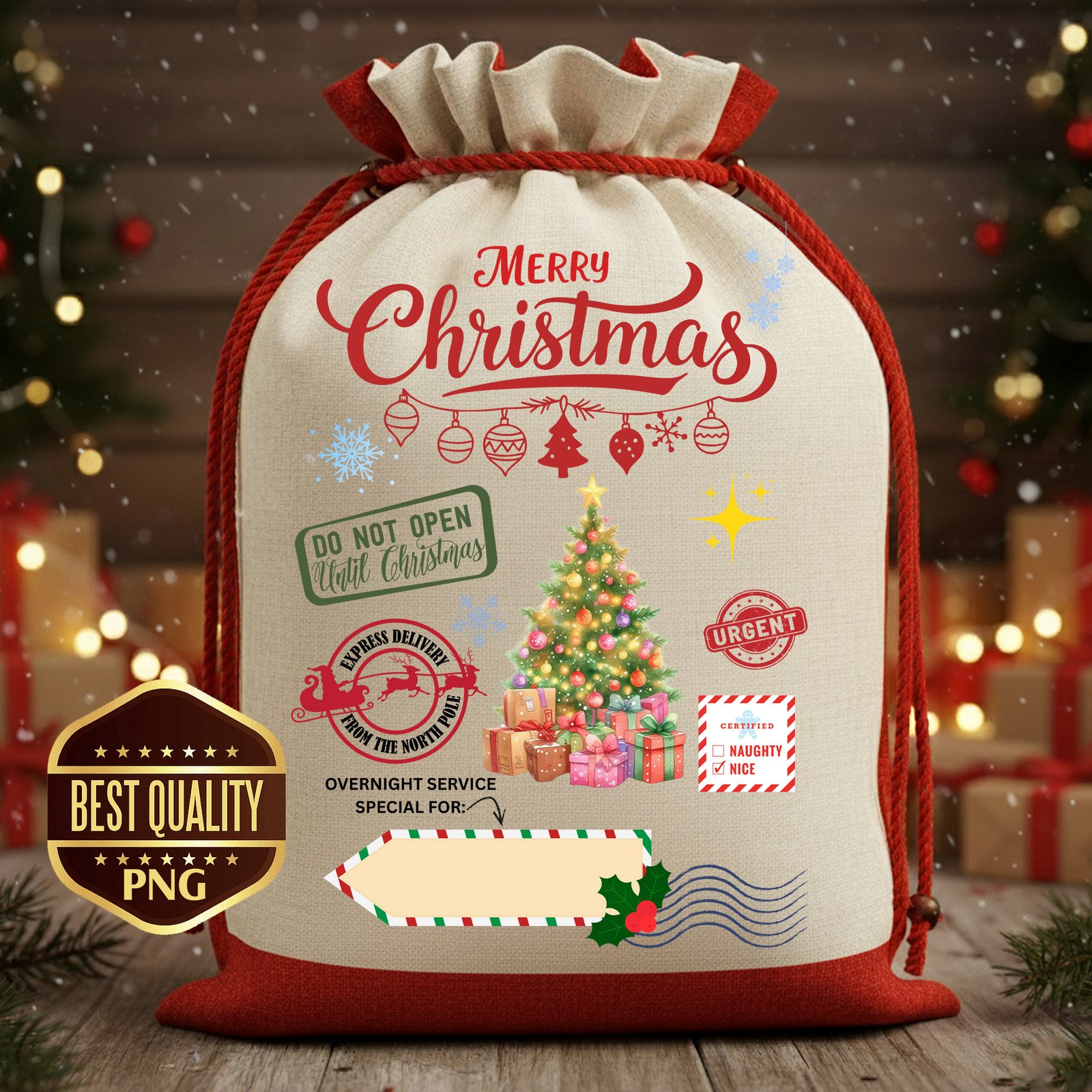 Santa Sack PNG | North Pole Christmas Tree Sublimation File | Express Delivery Label Digital Download Printable Gift Bag Design - Image 3