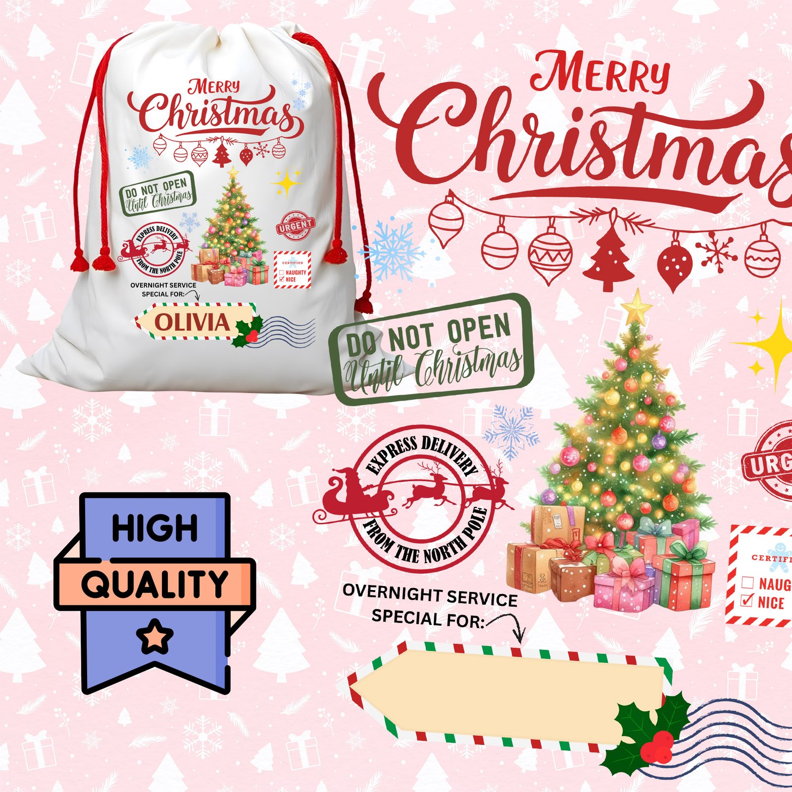 Santa Sack PNG | North Pole Christmas Tree Sublimation File | Express Delivery Label Digital Download Printable Gift Bag Design
