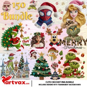 150 Crochet Christmas PNG Bundle, Grinch Spider-Man Disney Sublimation, Knitted Character Holiday Digital Download, Merry Grinchmas