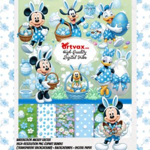 Watercolor Mickey Easter PNG Bundle | Blue Minnie Mouse Clipart | Donald Duck Easter Egg Sublimation | Goofy Pluto Bunny Ears Art | Spring Floral Digital Paper | Instant Digital Download