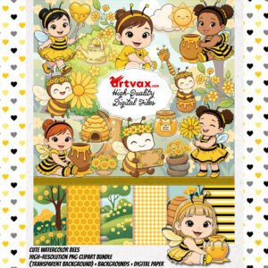 Bee Clipart Bundle PNG | Watercolor Bumblebee Baby Girl | Honey Bee Nursery Art | Yellow Bee Digital Paper | Sublimation Design Pack