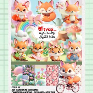 Cute 3D Fox PNG Bundle | Nursery Animal Clipart | Fox with Bicycle Sublimation | Floral Fox Digital Paper | Kawaii Woodland Animals | Instant Digital Download PNG