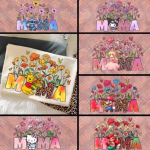 Floral MAMA PNG Bundle, Pooh Stitch Mario Princess Peach Sublimation mama, Stitch Pooh Kitty mom png, Mothers Day Shirt Design