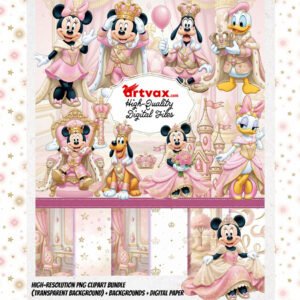 Royal Pink Mouse PNG Bundle | Princess Minnie Watercolor Clipart | King Mickey Sublimation | Pink Nursery Art | Mouse Friends