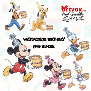 Watercolor Birthday Clipart Bundle, Cute Party Character PNG, Birthday Cake and Party Hat Graphics
